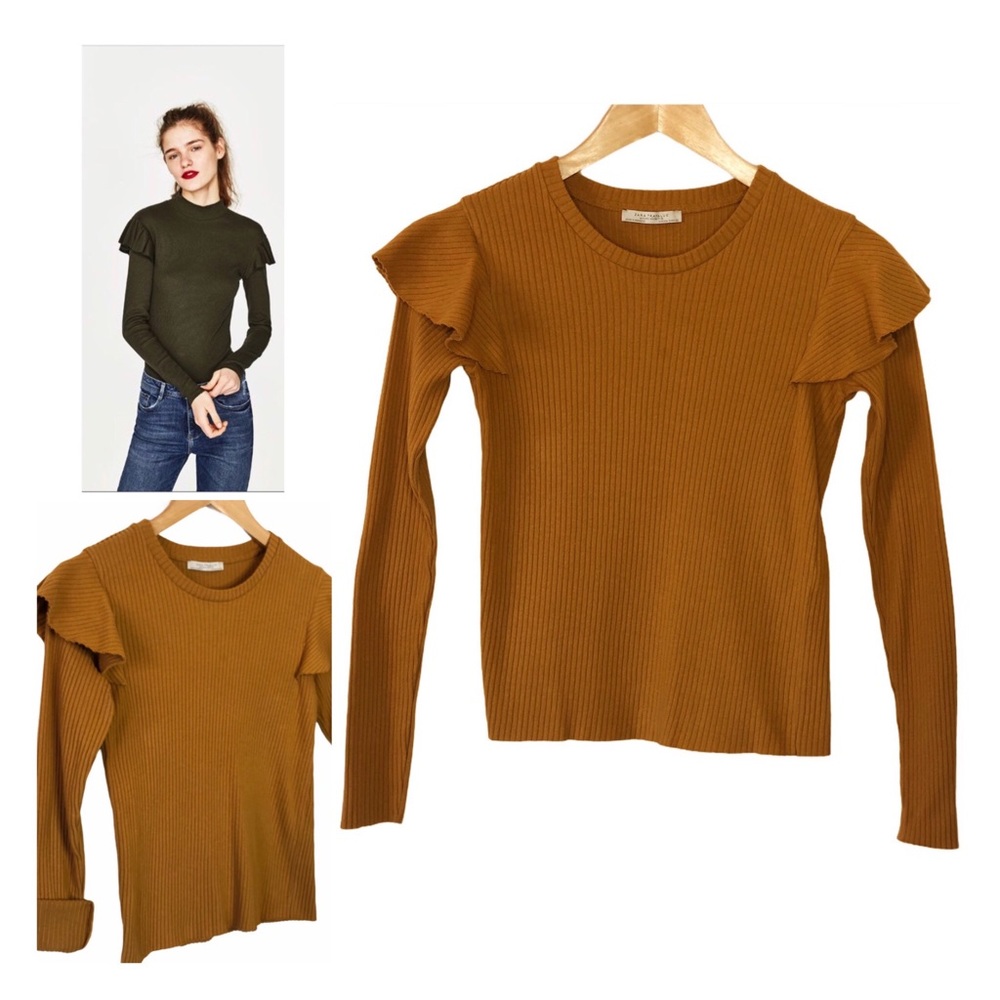 Zara Knit Ribbed Frill Sweater Top Mustard. Size Small